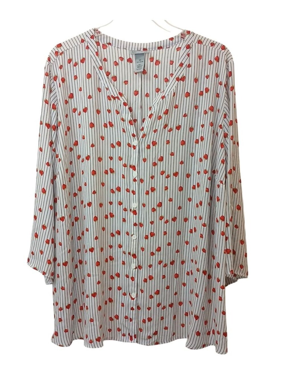 Catherines Womens 5X Button Blouse Strawberry Print w/ Stripes 3/4 Sleeves #I-6
